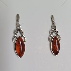 Vintage Sterling Silver Celtic Boho Marquis Baltic Amber Long Drop Earrings
